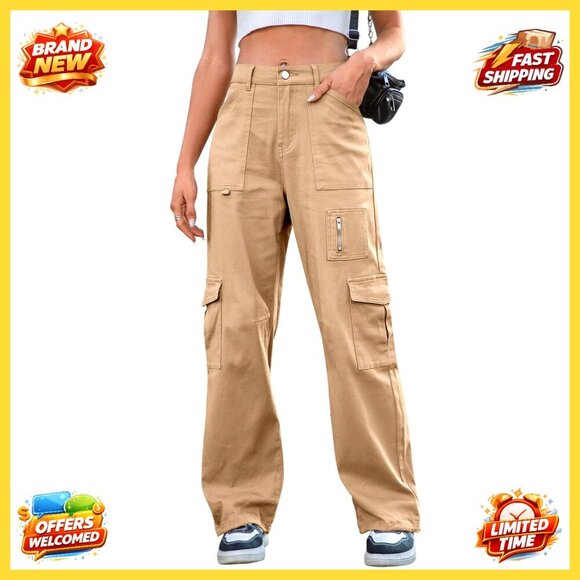 Pants - High Waist Wide Leg Cargo Pants with 7 Pockets Stretchy Drawstring Baggy